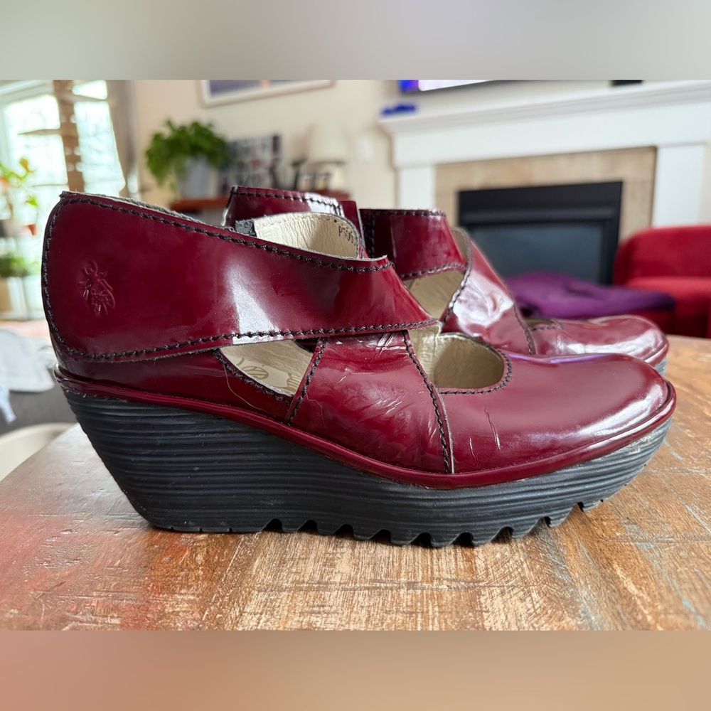 Fly London Maroon Patent Wedges